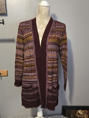 Christopher & Banks Maroon and Mustard Patterned Open-Front Cardigan